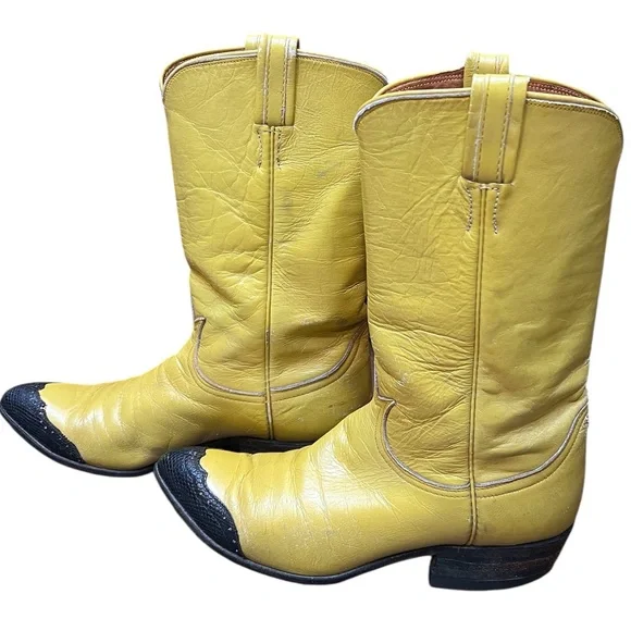 Tony Lama Vintage Yellow Western Boots with Black Toe Caps - Picture 4 of 15